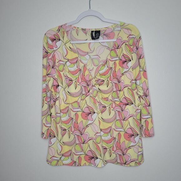 Vintage y2k mixit green pink all over print v neck 3/4 sleeve plus size top 2x - Picture 1 of 7
